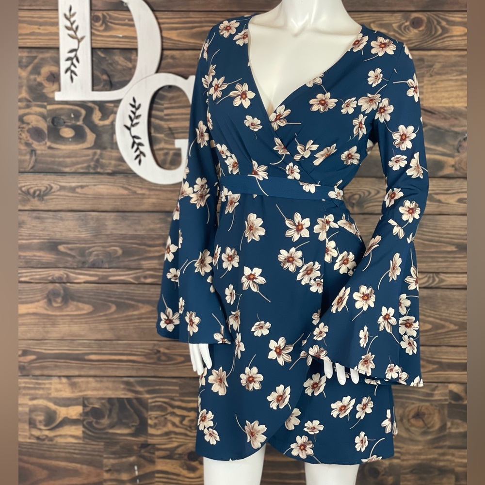 Emory Park | Floral Wrap Mini Dress Bell Sleeves Rounded Hemline Bow Tie Waist